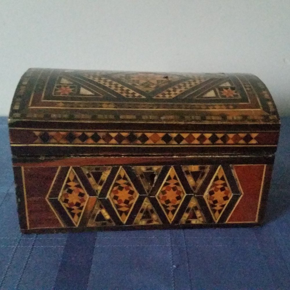 Vintage Wooden Inlaid Box, Jewelry Box, Trinket Box Lined Red